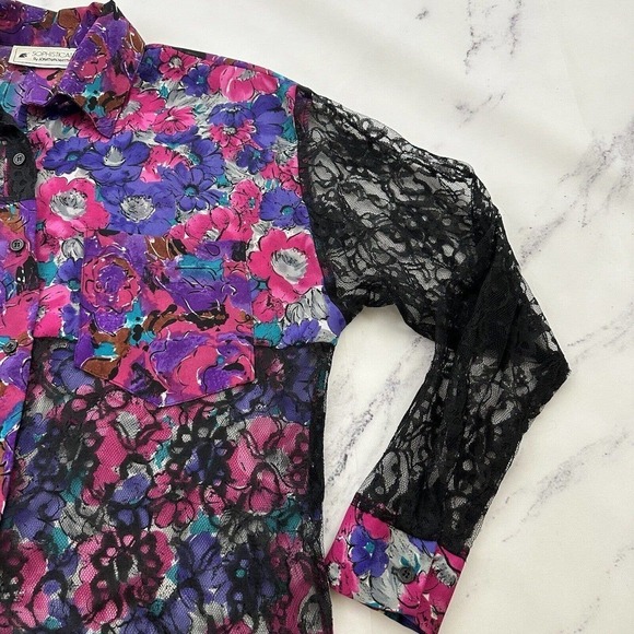Jonathan Martin Womens Vintage 90s Patchwork Blouse Shirt Size M Pink Black Lace - Picture 3 of 12